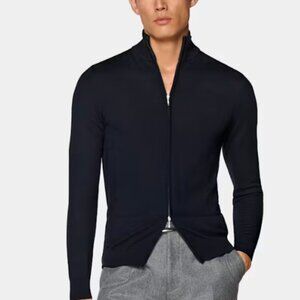 Suitsupply Blue Fine Merino Wool Zip Up Cardigan Size:M